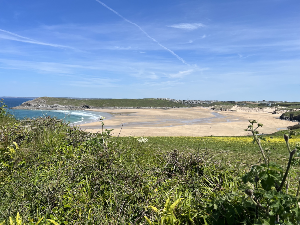 Grassy clifftop and sandy beach