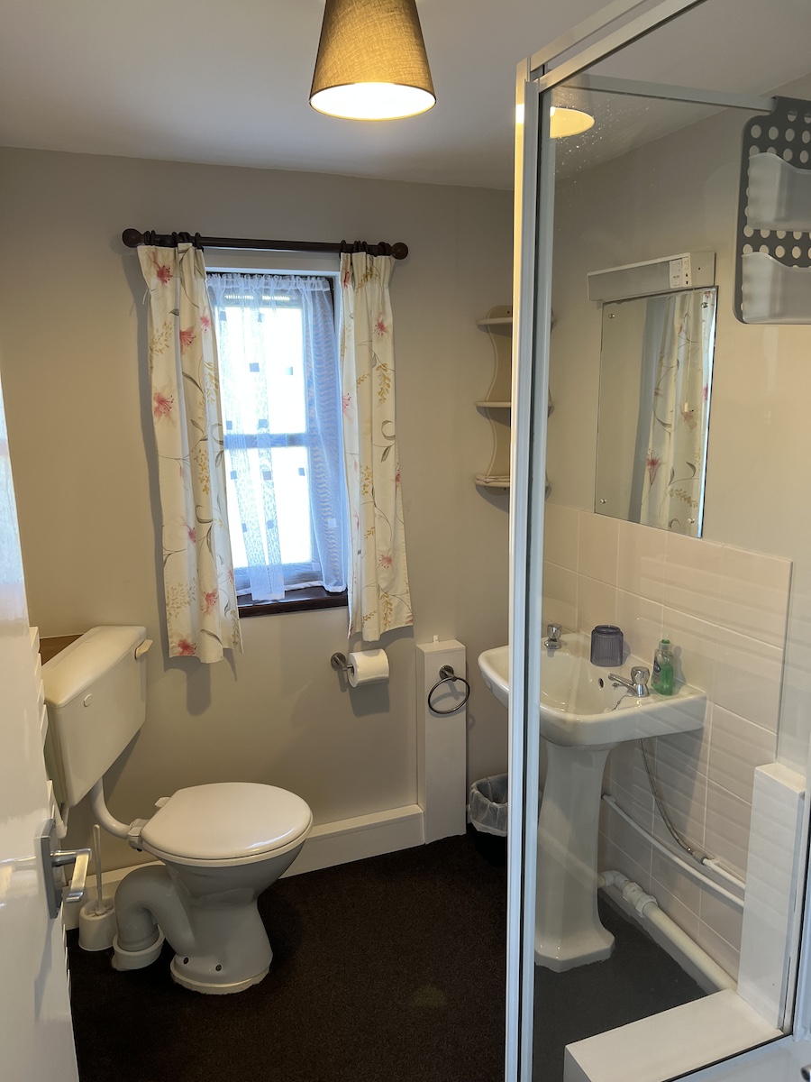 Shower room with toilet, pedestal wash basin, shower cubicle and window
