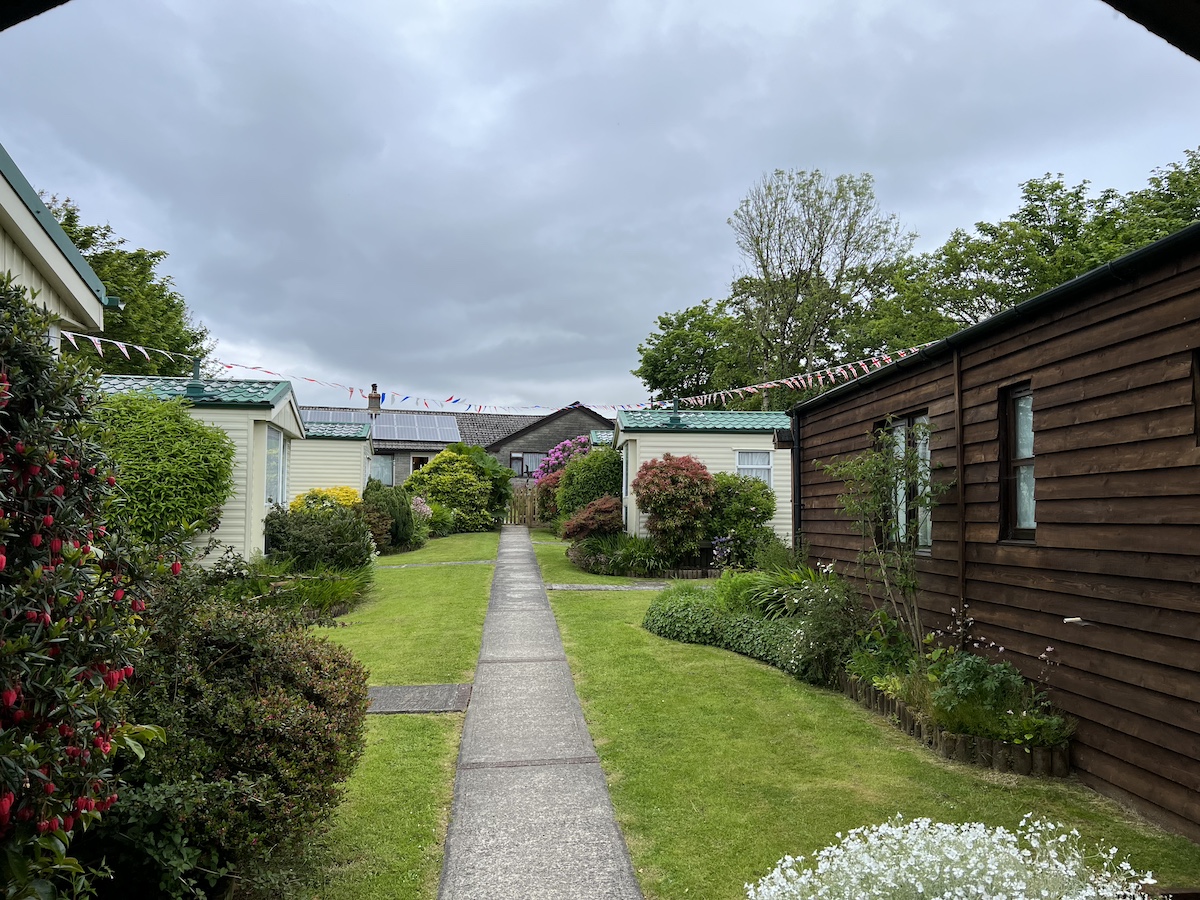 Bushes, grass and concrete pathway with cream caravans and a wooden chalet on each side
