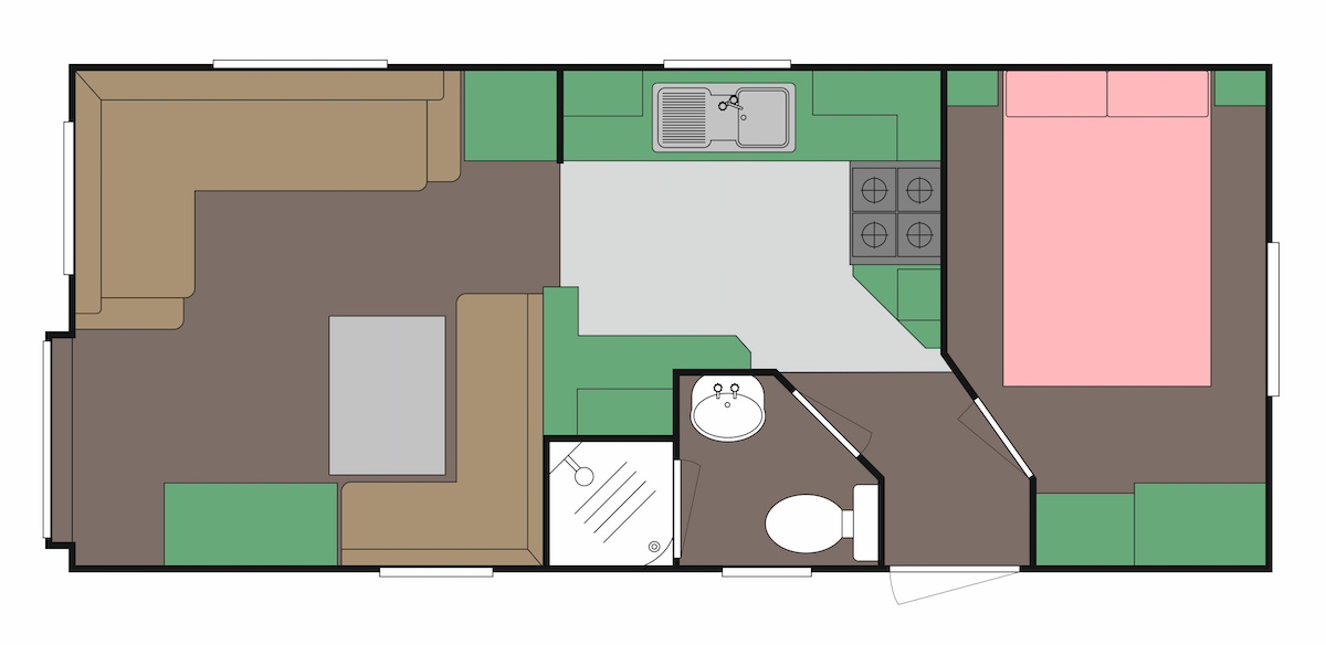 Graphical drawing of one-bedroom caravan layout