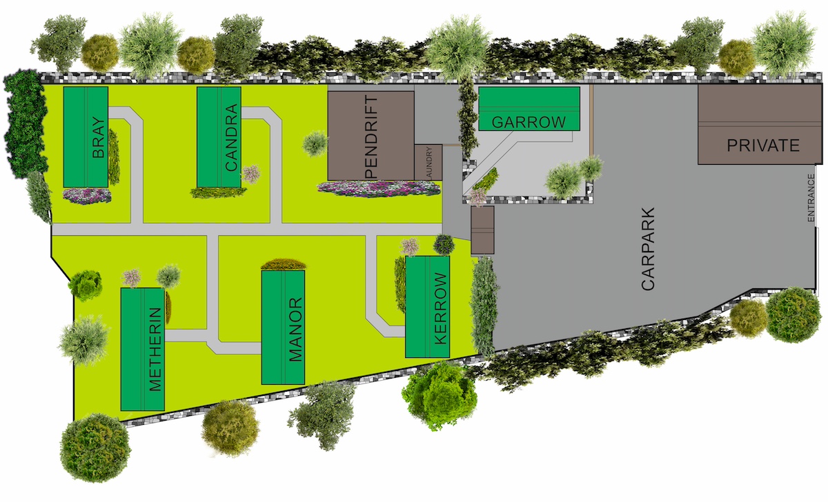 Graphical drawing of the holiday park showing location of caravans, chalet and parking